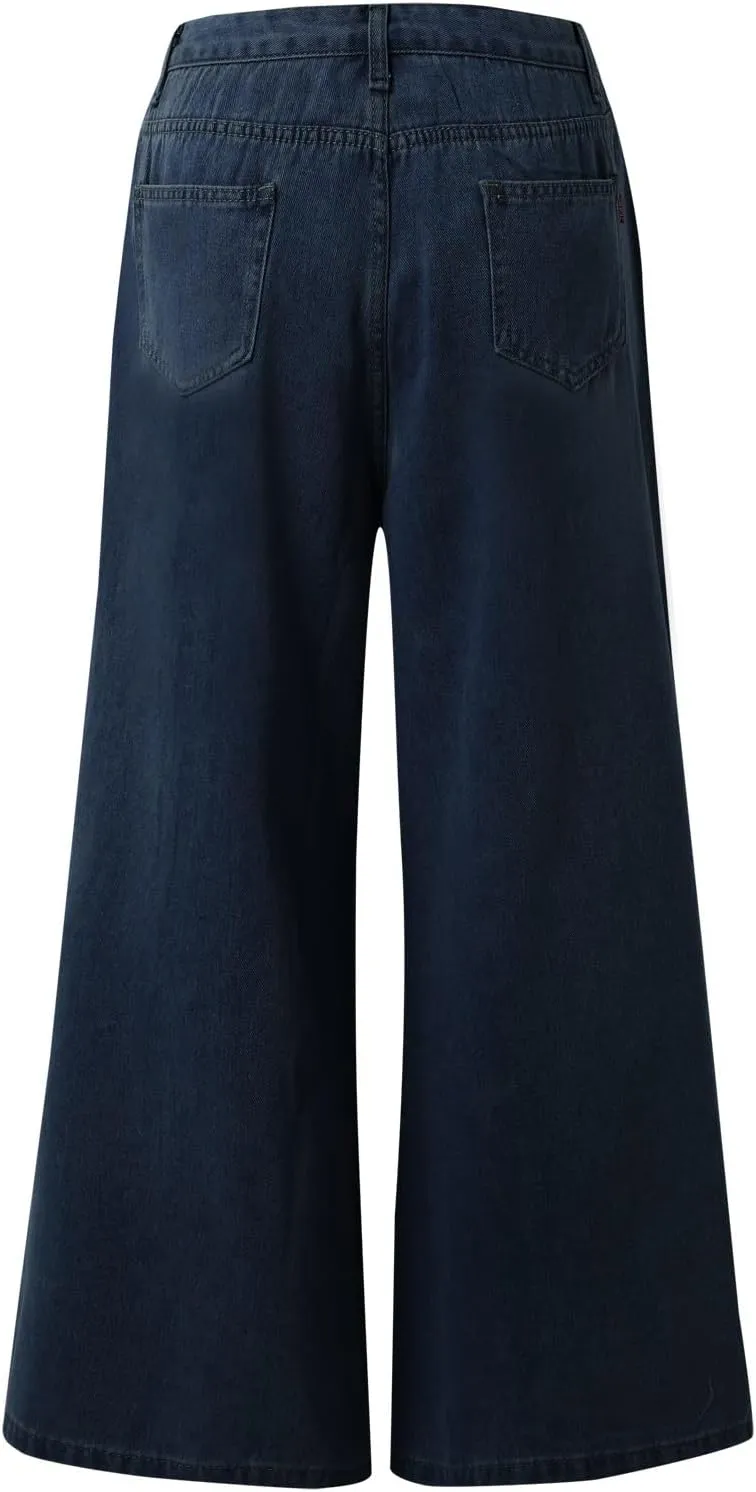 2024 Women's Extra Wide Leg Jeans High Waistled Palazzo Culottes Denim Pants Plus Size Casual Loose Fit with Pockets
