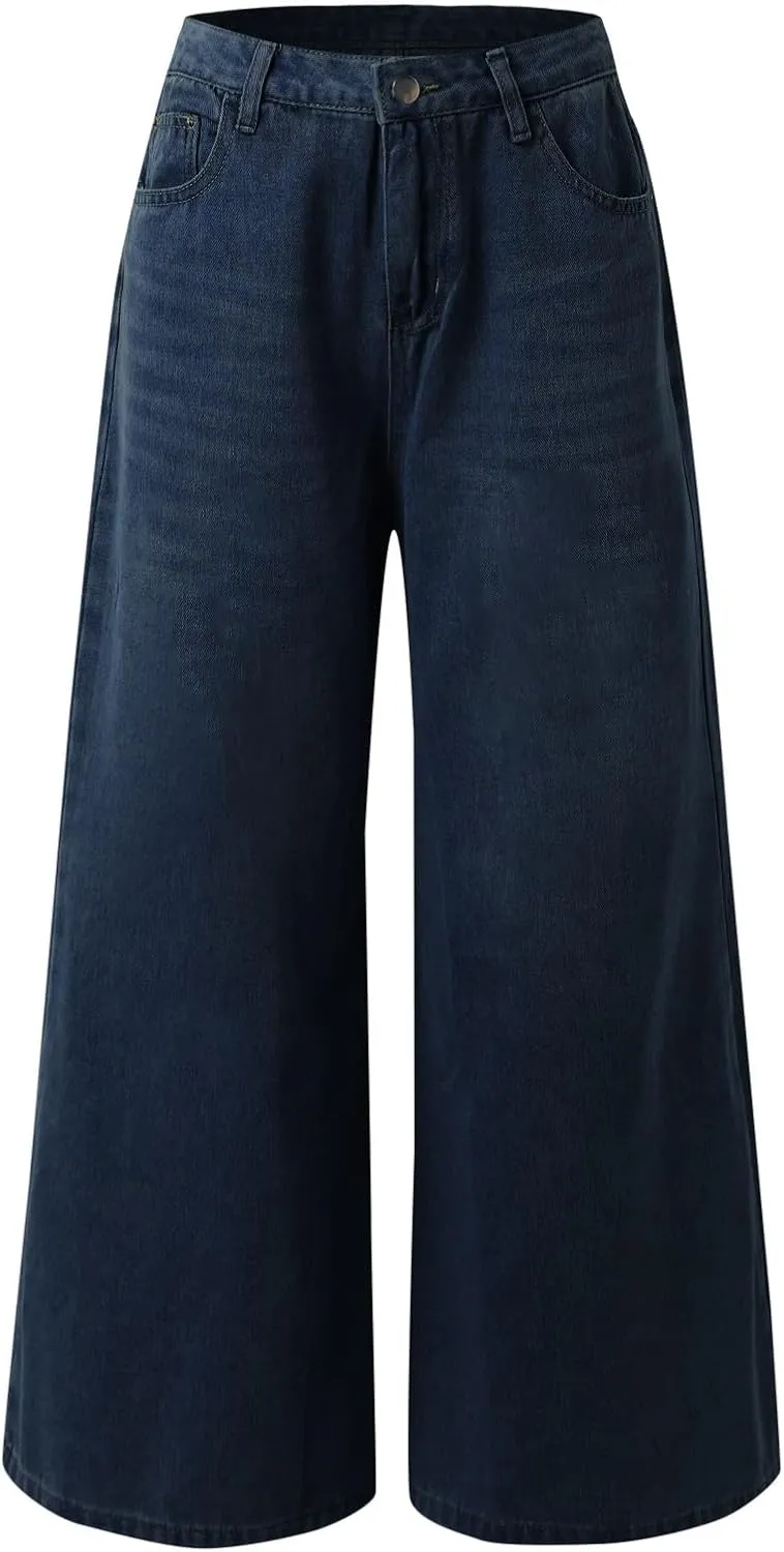 2024 Women's Extra Wide Leg Jeans High Waistled Palazzo Culottes Denim Pants Plus Size Casual Loose Fit with Pockets