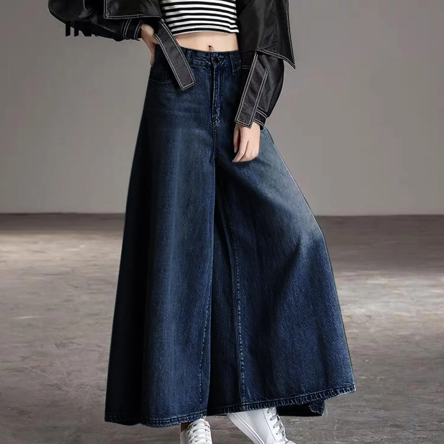 2024 Women's Extra Wide Leg Jeans High Waistled Palazzo Culottes Denim Pants Plus Size Casual Loose Fit with Pockets