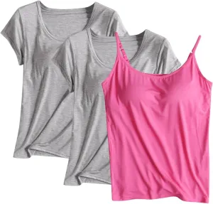 3 Pack Built-in Bra Undershirts,Women Modal T-Shirts and Tank Tops,Summer Scoop Neck Soft Comfy Yoga Workout Tees