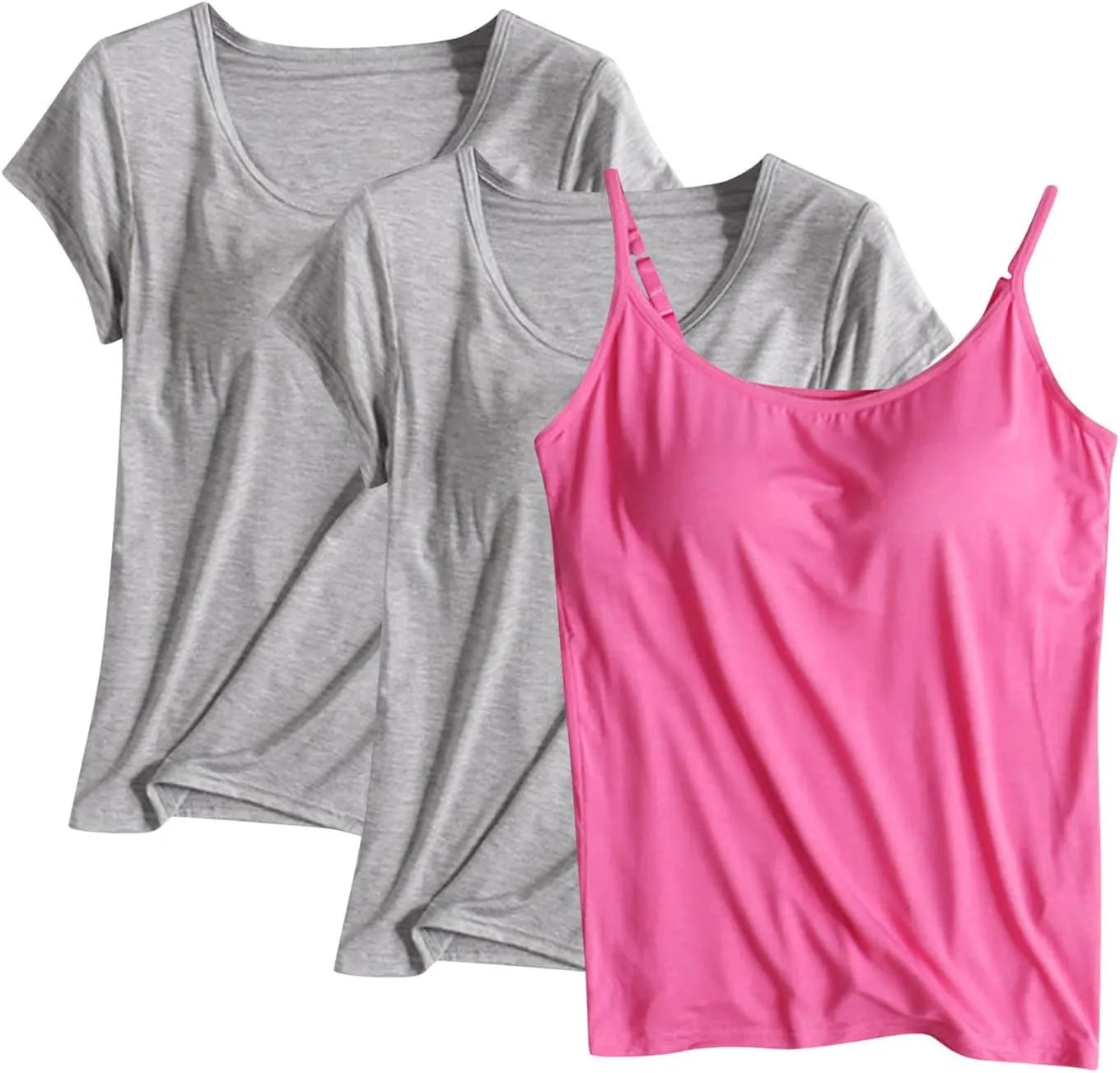 3 Pack Built-in Bra Undershirts,Women Modal T-Shirts and Tank Tops,Summer Scoop Neck Soft Comfy Yoga Workout Tees