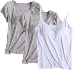 3 Pack Built-in Bra Undershirts,Women Modal T-Shirts and Tank Tops,Summer Scoop Neck Soft Comfy Yoga Workout Tees