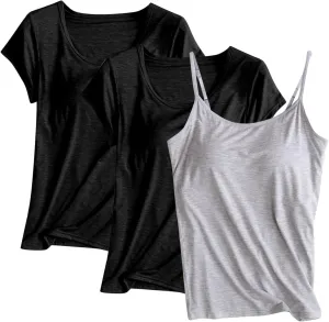 3 Pack Built-in Bra Undershirts,Women Modal T-Shirts and Tank Tops,Summer Scoop Neck Soft Comfy Yoga Workout Tees