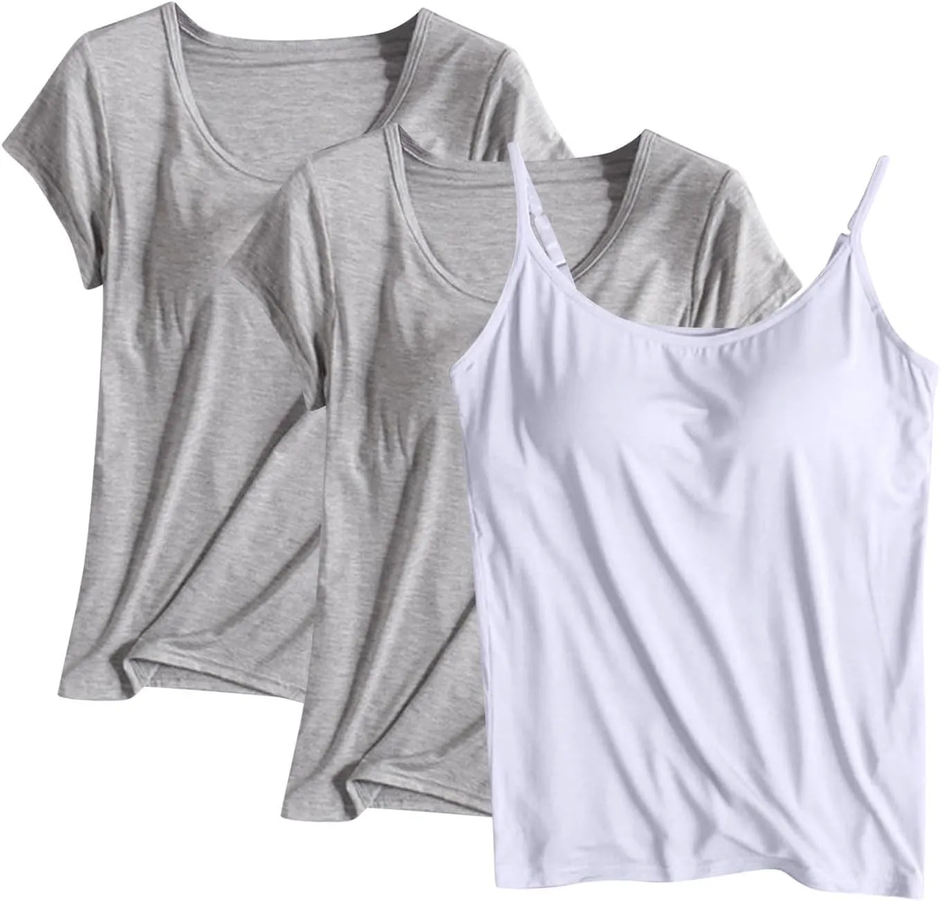 3 Pack Built-in Bra Undershirts,Women Modal T-Shirts and Tank Tops,Summer Scoop Neck Soft Comfy Yoga Workout Tees