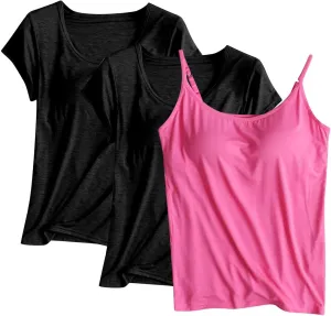 3 Pack Built-in Bra Undershirts,Women Modal T-Shirts and Tank Tops,Summer Scoop Neck Soft Comfy Yoga Workout Tees