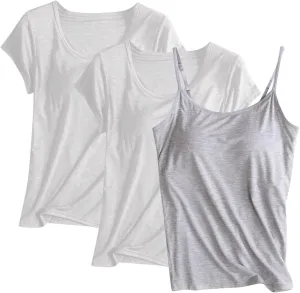 3 Pack Built-in Bra Undershirts,Women Modal T-Shirts and Tank Tops,Summer Scoop Neck Soft Comfy Yoga Workout Tees