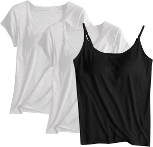 3 Pack Built-in Bra Undershirts,Women Modal T-Shirts and Tank Tops,Summer Scoop Neck Soft Comfy Yoga Workout Tees
