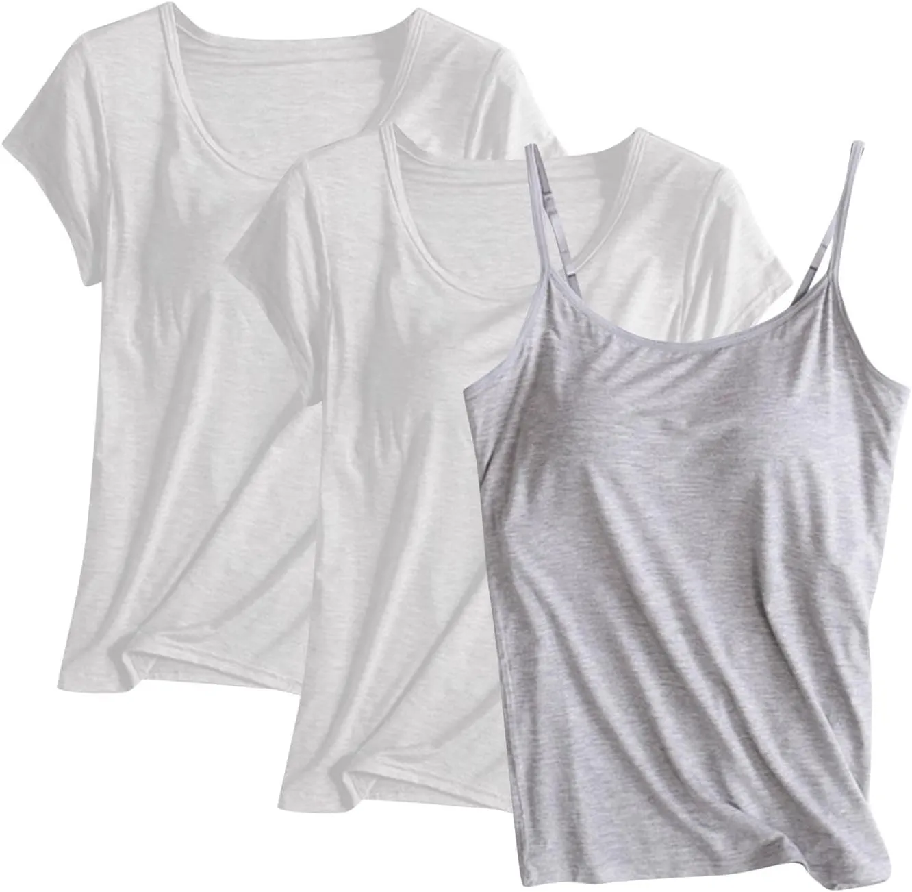 3 Pack Built-in Bra Undershirts,Women Modal T-Shirts and Tank Tops,Summer Scoop Neck Soft Comfy Yoga Workout Tees