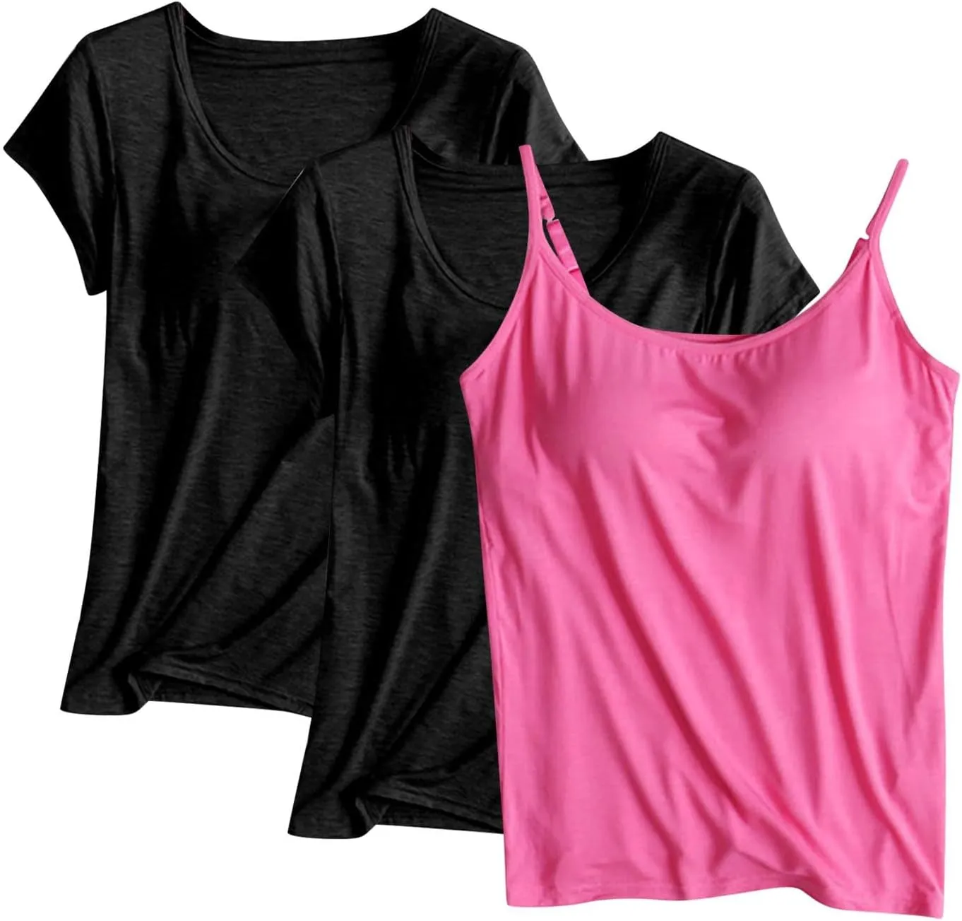 3 Pack Built-in Bra Undershirts,Women Modal T-Shirts and Tank Tops,Summer Scoop Neck Soft Comfy Yoga Workout Tees