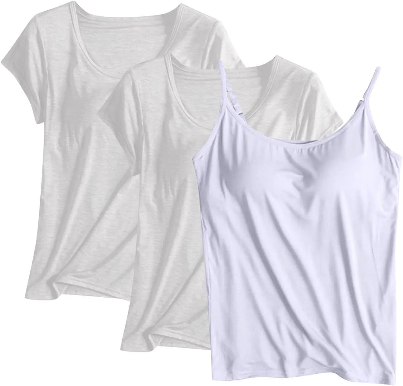 3 Pack Built-in Bra Undershirts,Women T-Shirts and Camisole,Summer Soft Comfy Modal Scoop Neck Yoga Workout Blouse