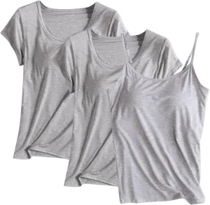 3 Pack Built-in Bra Undershirts,Women T-Shirts and Camisole,Summer Soft Comfy Modal Scoop Neck Yoga Workout Blouse