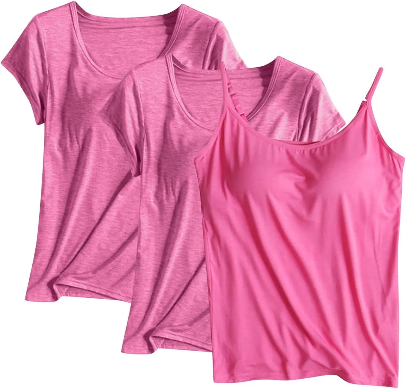 3 Pack Built-in Bra Undershirts,Women T-Shirts and Camisole,Summer Soft Comfy Modal Scoop Neck Yoga Workout Blouse