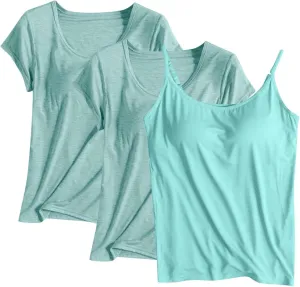 3 Pack Built-in Bra Undershirts,Women T-Shirts and Camisole,Summer Soft Comfy Modal Scoop Neck Yoga Workout Blouse