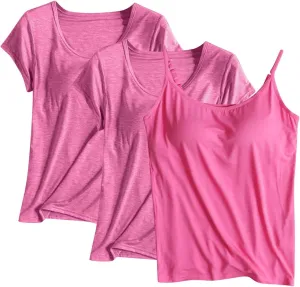 3 Pack Built-in Bra Undershirts,Women T-Shirts and Camisole,Summer Soft Comfy Modal Scoop Neck Yoga Workout Blouse