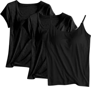3 Pack Built-in Bra Undershirts,Women T-Shirts and Camisole,Summer Soft Comfy Modal Scoop Neck Yoga Workout Blouse
