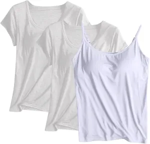 3 Pack Built-in Bra Undershirts,Women T-Shirts and Camisole,Summer Soft Comfy Modal Scoop Neck Yoga Workout Blouse