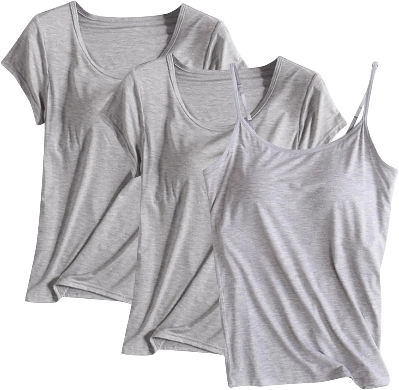 3 Pack Built-in Bra Undershirts,Women T-Shirts and Camisole,Summer Soft Comfy Modal Scoop Neck Yoga Workout Blouse