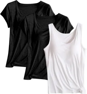 3 Pack Built-in Bra Undershirts,Women T-Shirts and Tank Tops,Summer Soft Comfy Modal Scoop Neck Yoga Workout Tees