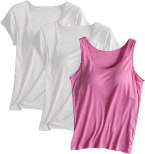 3 Pack Built-in Bra Undershirts,Women T-Shirts and Tank Tops,Summer Soft Comfy Modal Scoop Neck Yoga Workout Tees