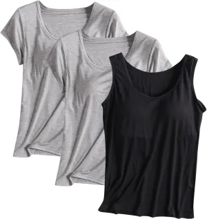 3 Pack Built-in Bra Undershirts,Women T-Shirts and Tank Tops,Summer Soft Comfy Modal Scoop Neck Yoga Workout Tees