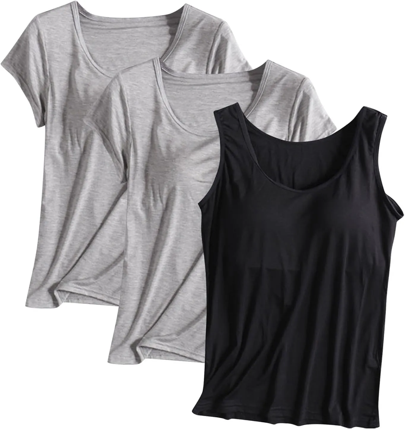 3 Pack Built-in Bra Undershirts,Women T-Shirts and Tank Tops,Summer Soft Comfy Modal Scoop Neck Yoga Workout Tees