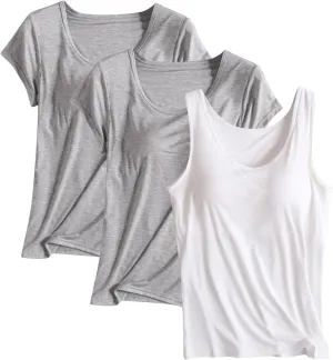 3 Pack Built-in Bra Undershirts,Women T-Shirts and Tank Tops,Summer Soft Comfy Modal Scoop Neck Yoga Workout Tees