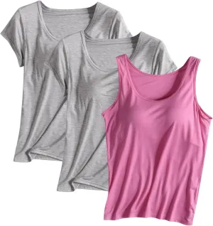 3 Pack Built-in Bra Undershirts,Women T-Shirts and Tank Tops,Summer Soft Comfy Modal Scoop Neck Yoga Workout Tees