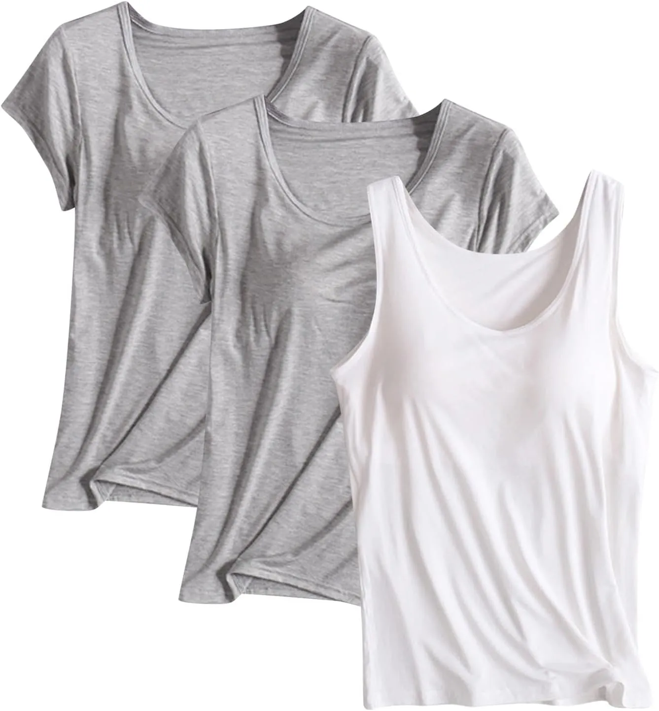 3 Pack Built-in Bra Undershirts,Women T-Shirts and Tank Tops,Summer Soft Comfy Modal Scoop Neck Yoga Workout Tees
