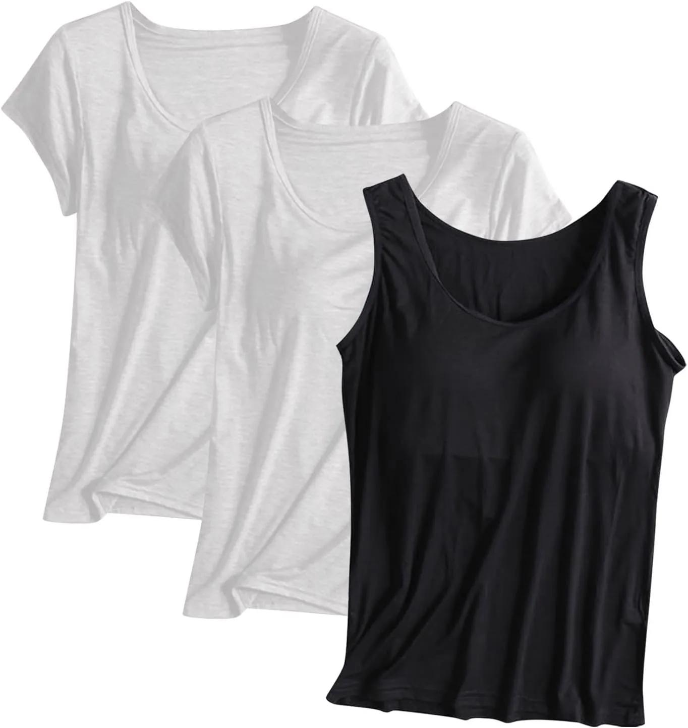 3 Pack Built-in Bra Undershirts,Women T-Shirts and Tank Tops,Summer Soft Comfy Modal Scoop Neck Yoga Workout Tees