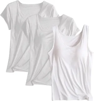 3 Pack Women T-Shirts & Tank Tops,Summer Soft Comfy Modal Built-in Bra Undershirts Scoop Neck Yoga Workout Tees