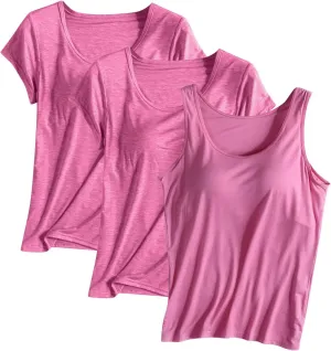 3 Pack Women T-Shirts & Tank Tops,Summer Soft Comfy Modal Built-in Bra Undershirts Scoop Neck Yoga Workout Tees