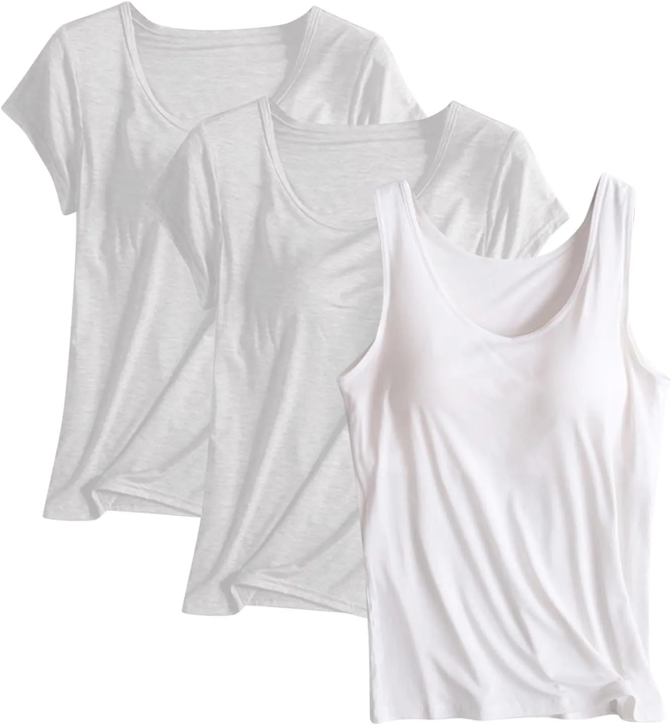 3 Pack Women T-Shirts & Tank Tops,Summer Soft Comfy Modal Built-in Bra Undershirts Scoop Neck Yoga Workout Tees