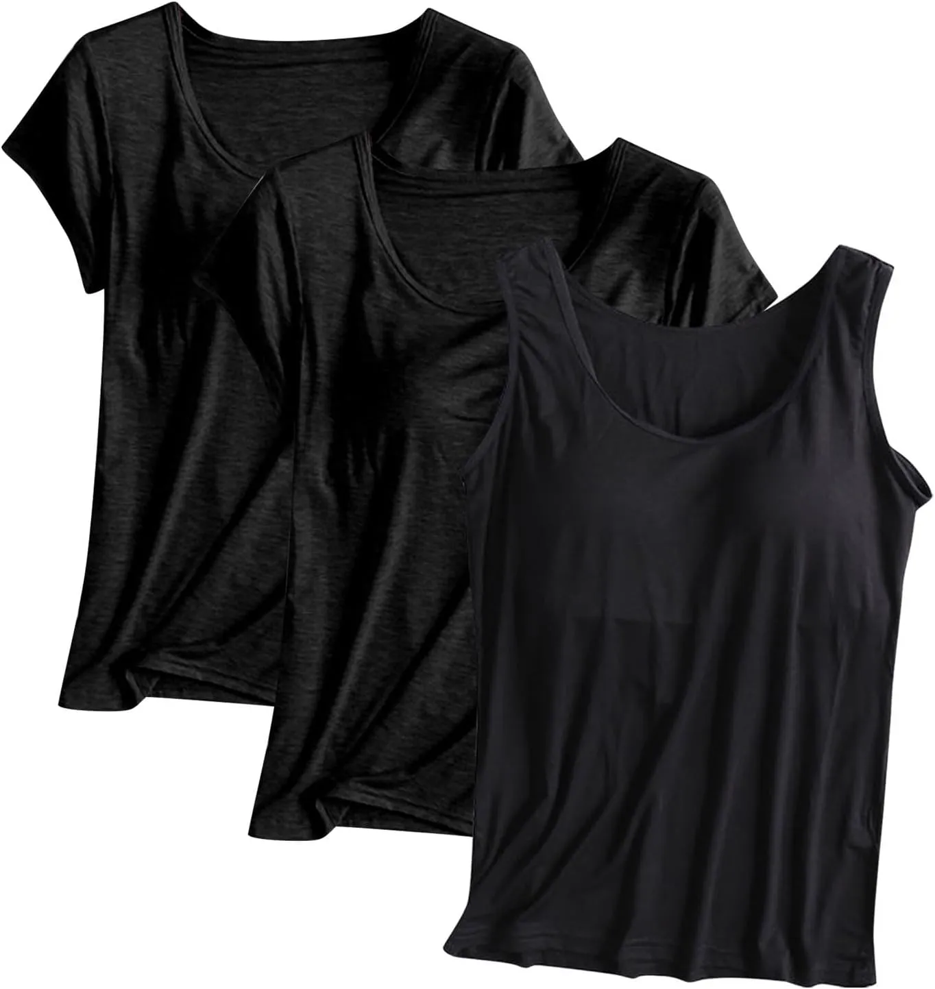 3 Pack Women T-Shirts & Tank Tops,Summer Soft Comfy Modal Built-in Bra Undershirts Scoop Neck Yoga Workout Tees