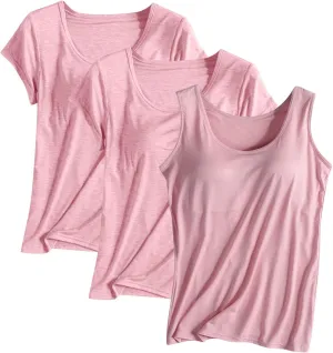 3 Pack Women T-Shirts & Tank Tops,Summer Soft Comfy Modal Built-in Bra Undershirts Scoop Neck Yoga Workout Tees
