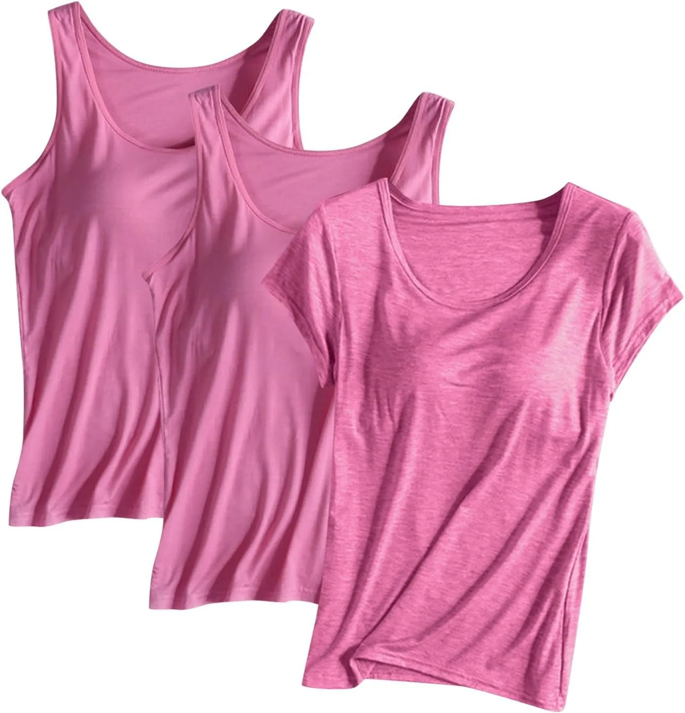 3 Pack Women Tank Tops and T-Shirts Summer Soft Comfy Modal Built-in Bra Undershirts Scoop Neck Yoga Workout Tees