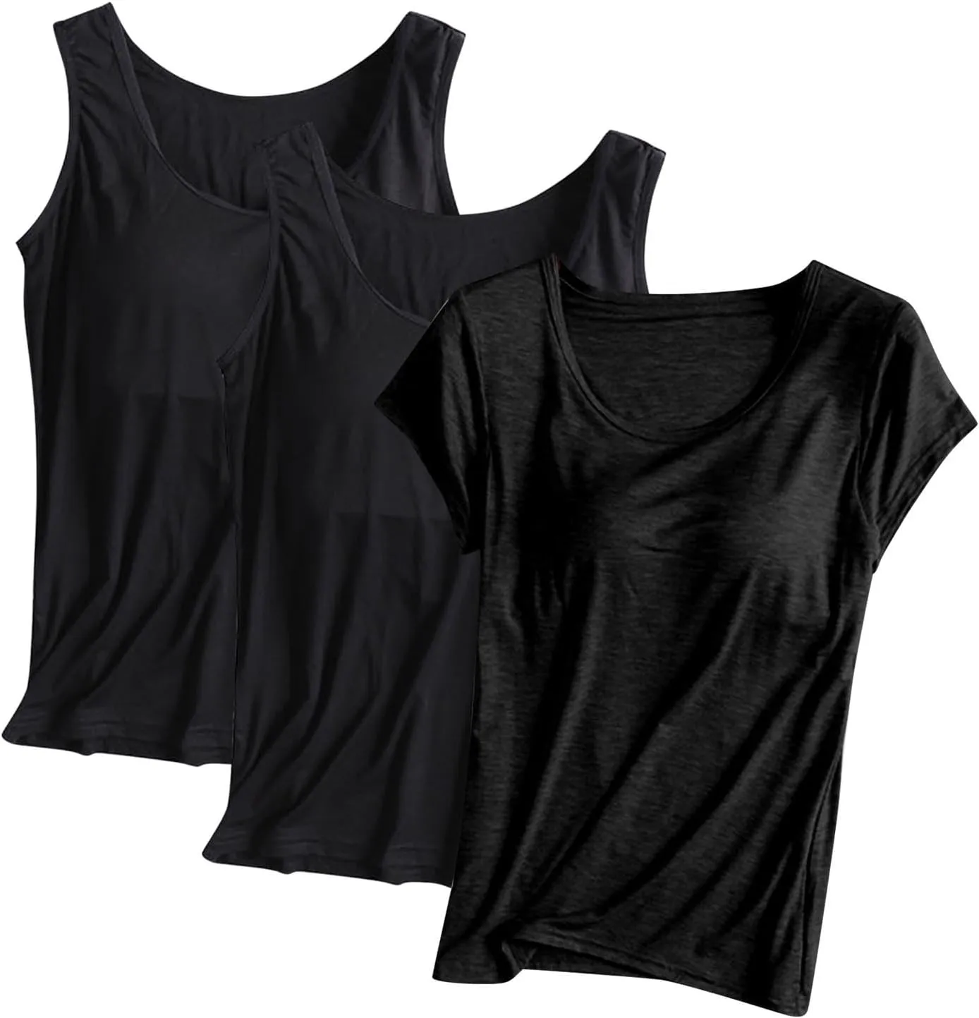 3 Pack Women Tank Tops and T-Shirts Summer Soft Comfy Modal Built-in Bra Undershirts Scoop Neck Yoga Workout Tees