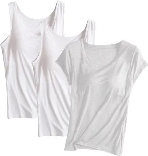 3 Pack Women Tank Tops and T-Shirts Summer Soft Comfy Modal Built-in Bra Undershirts Scoop Neck Yoga Workout Tees