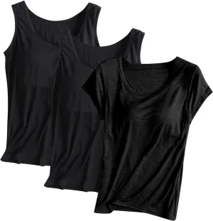 3 Pack Women Tank Tops and T-Shirts Summer Soft Comfy Modal Built-in Bra Undershirts Scoop Neck Yoga Workout Tees