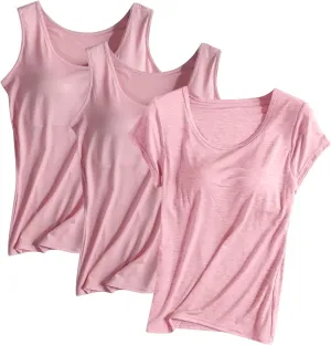 3 Pack Women Tank Tops and T-Shirts Summer Soft Comfy Modal Built-in Bra Undershirts Scoop Neck Yoga Workout Tees