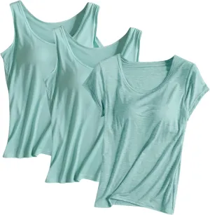 3 Pack Women Tank Tops and T-Shirts Summer Soft Comfy Modal Built-in Bra Undershirts Scoop Neck Yoga Workout Tees