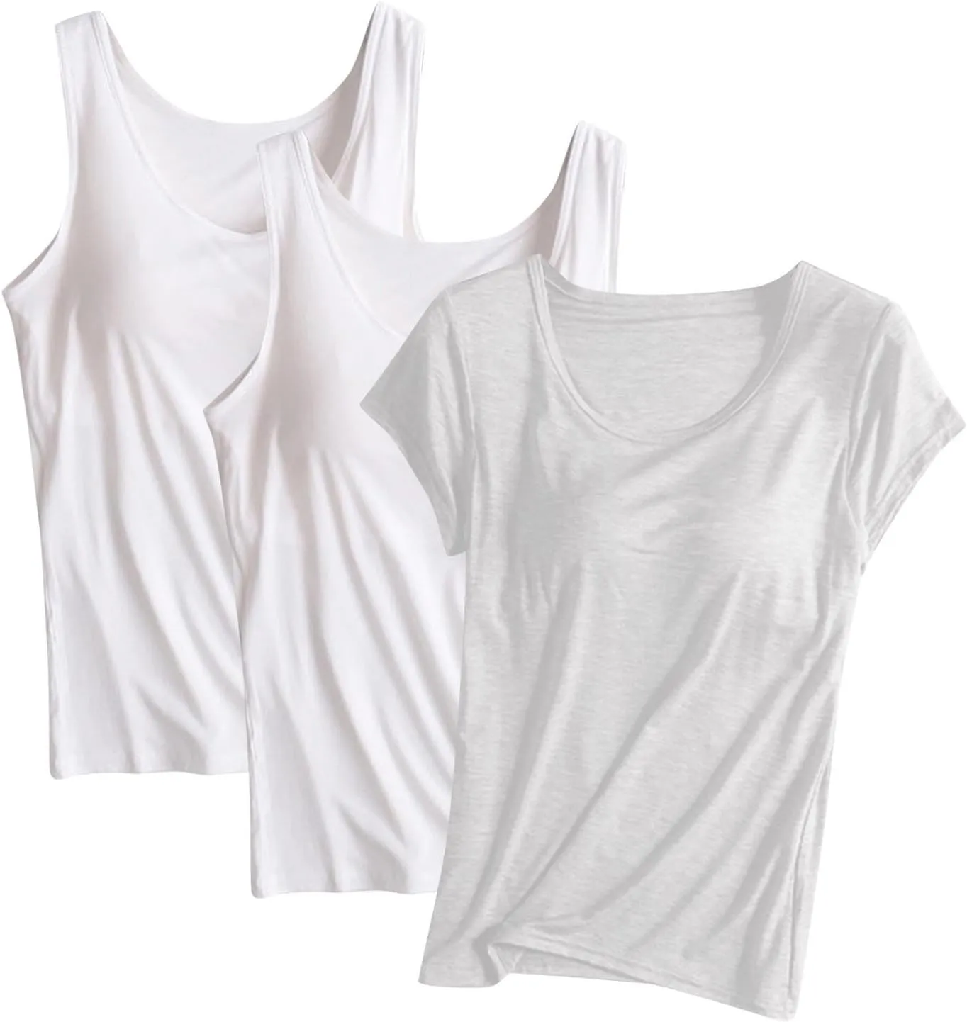 3 Pack Women Tank Tops and T-Shirts Summer Soft Comfy Modal Built-in Bra Undershirts Scoop Neck Yoga Workout Tees