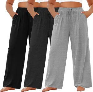 3 Pack Women's Plus Size Lounge Pants Modal Wide Leg Yoga Pants with Pockets Drawstring Baggy Sweatpant Jogger