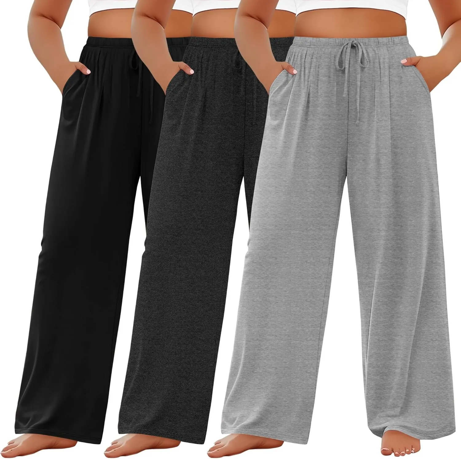 3 Pack Women's Plus Size Lounge Pants Modal Wide Leg Yoga Pants with Pockets Drawstring Baggy Sweatpant Jogger