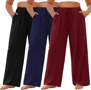 3 Pack Women's Plus Size Lounge Pants Modal Wide Leg Yoga Pants with Pockets Drawstring Baggy Sweatpant Jogger