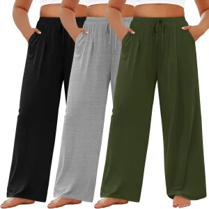3 Pack Women's Plus Size Lounge Pants Modal Wide Leg Yoga Pants with Pockets Drawstring Baggy Sweatpant Jogger