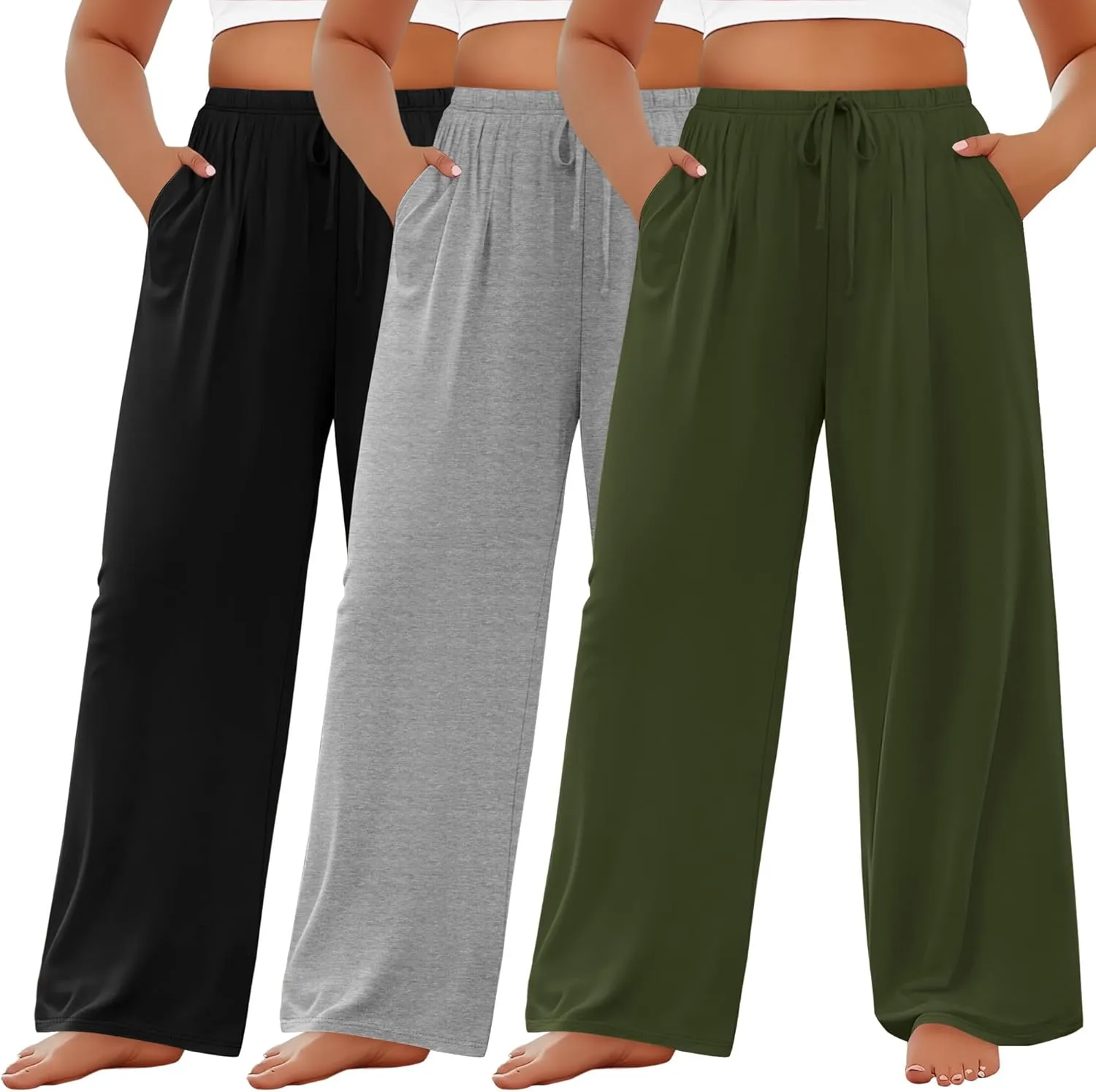 3 Pack Women's Plus Size Lounge Pants Modal Wide Leg Yoga Pants with Pockets Drawstring Baggy Sweatpant Jogger