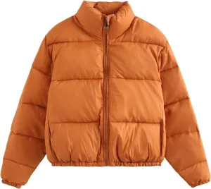 Akklian Women's Cropped Puffer Jacket No Hood Padded Down Jackets Winter High Neck Quilted Coat Zipper Chunky Thermal Outwear