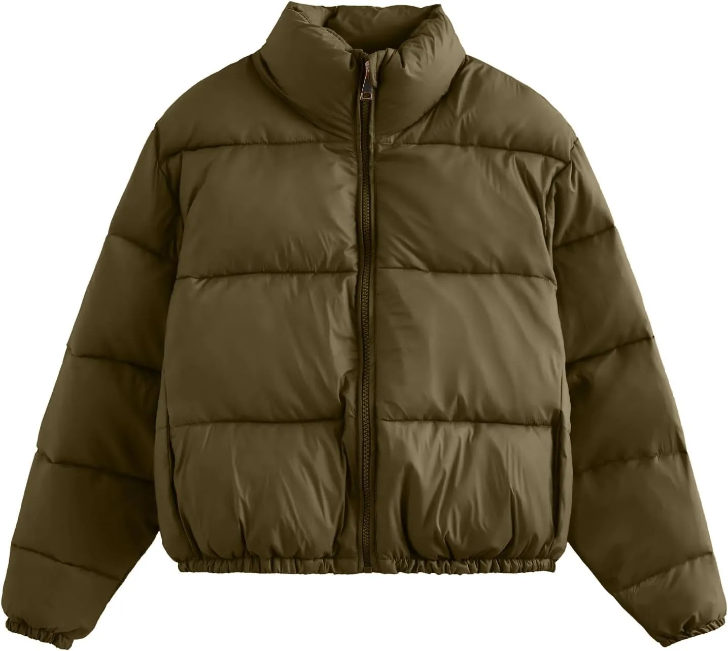 Akklian Women's Cropped Puffer Jacket No Hood Padded Down Jackets Winter High Neck Quilted Coat Zipper Chunky Thermal Outwear