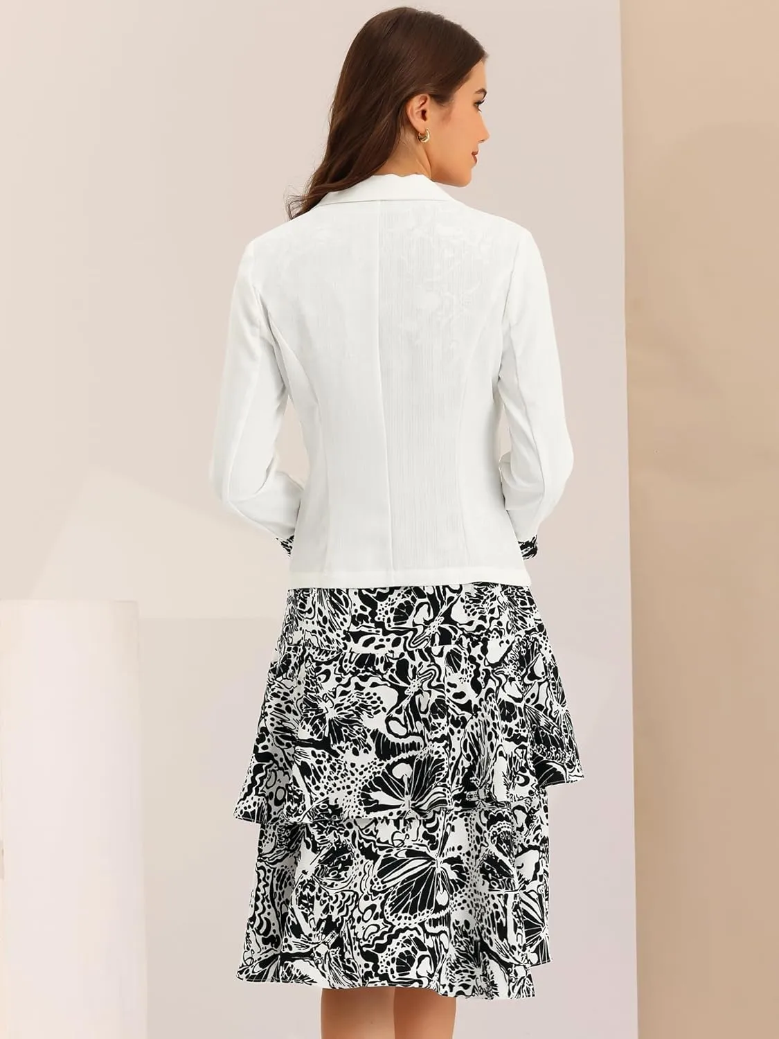 Allegra K Women's Dress Suit Sets 2 Pcs Chiffon V Neck Floral Print Contrast Panel Work Jacket Dresses