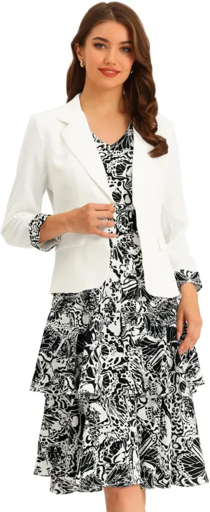 Allegra K Women's Dress Suit Sets 2 Pcs Chiffon V Neck Floral Print Contrast Panel Work Jacket Dresses